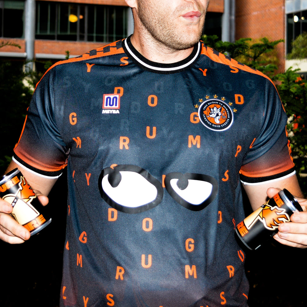 Sly Dog x Ginger Wings x Famous When Dead x Meyba limited edition collaboration football shirt.