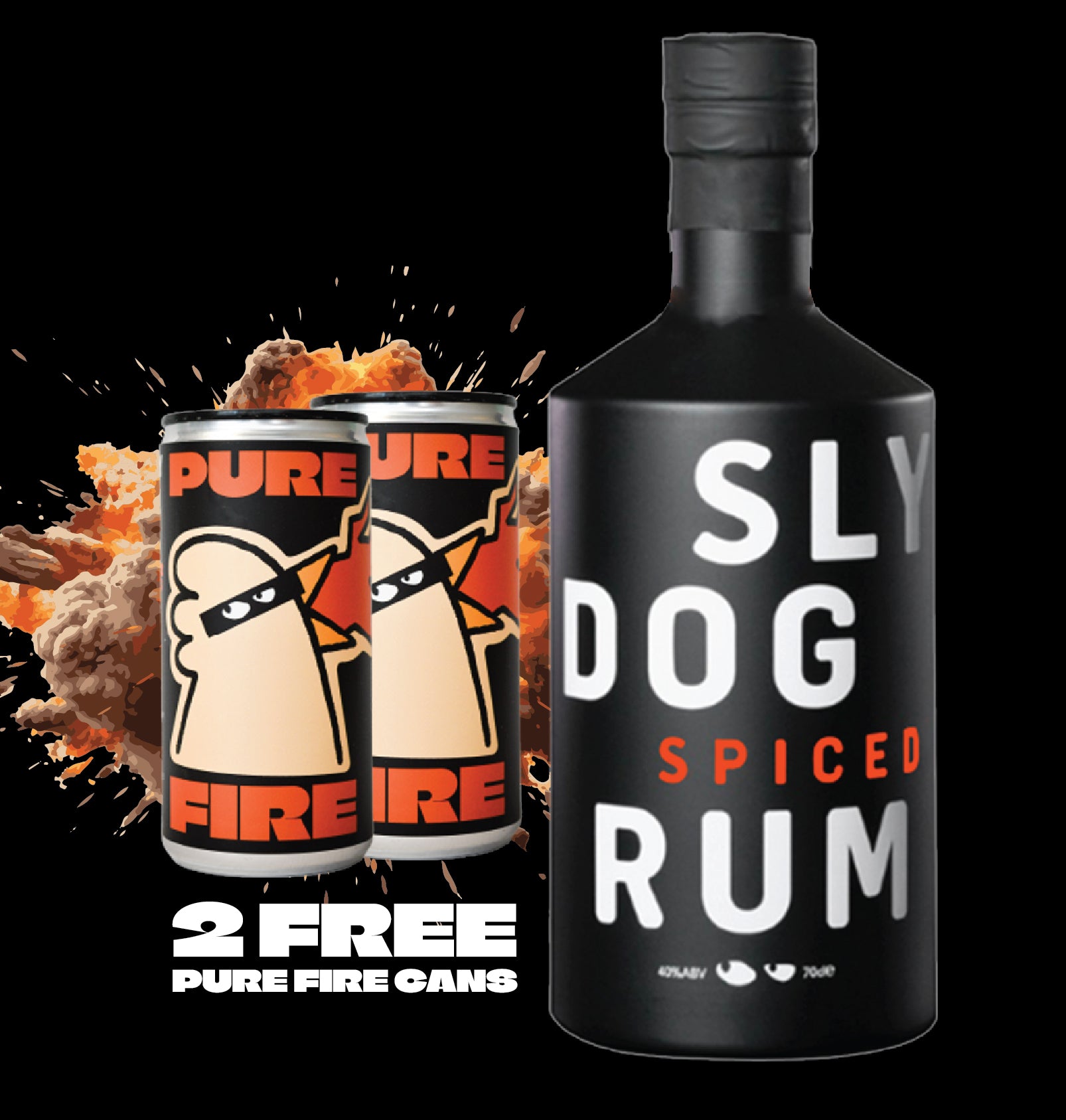 SLY DOG Spiced Rum 70cl + 2 FREE PURE FIRE Fiery Cocktail Cans