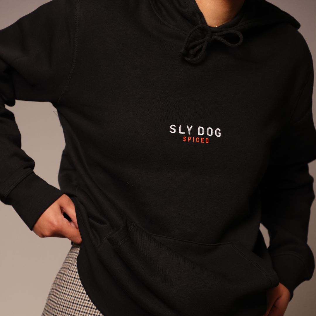SLY DOG Hoodie – Wide Front Shot Showcasing Full Hoodie Fit and Design